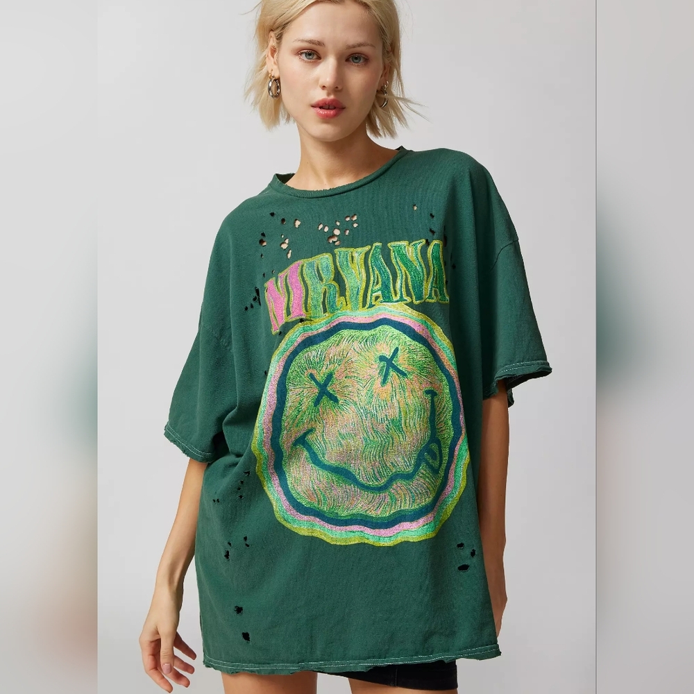 Urban Outfitters Nirvana White Oversized Distressed Tee- S/M